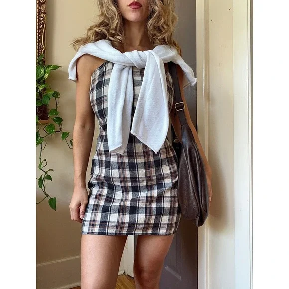 Brown mini twee style plaid dress - Picture 2 of 4